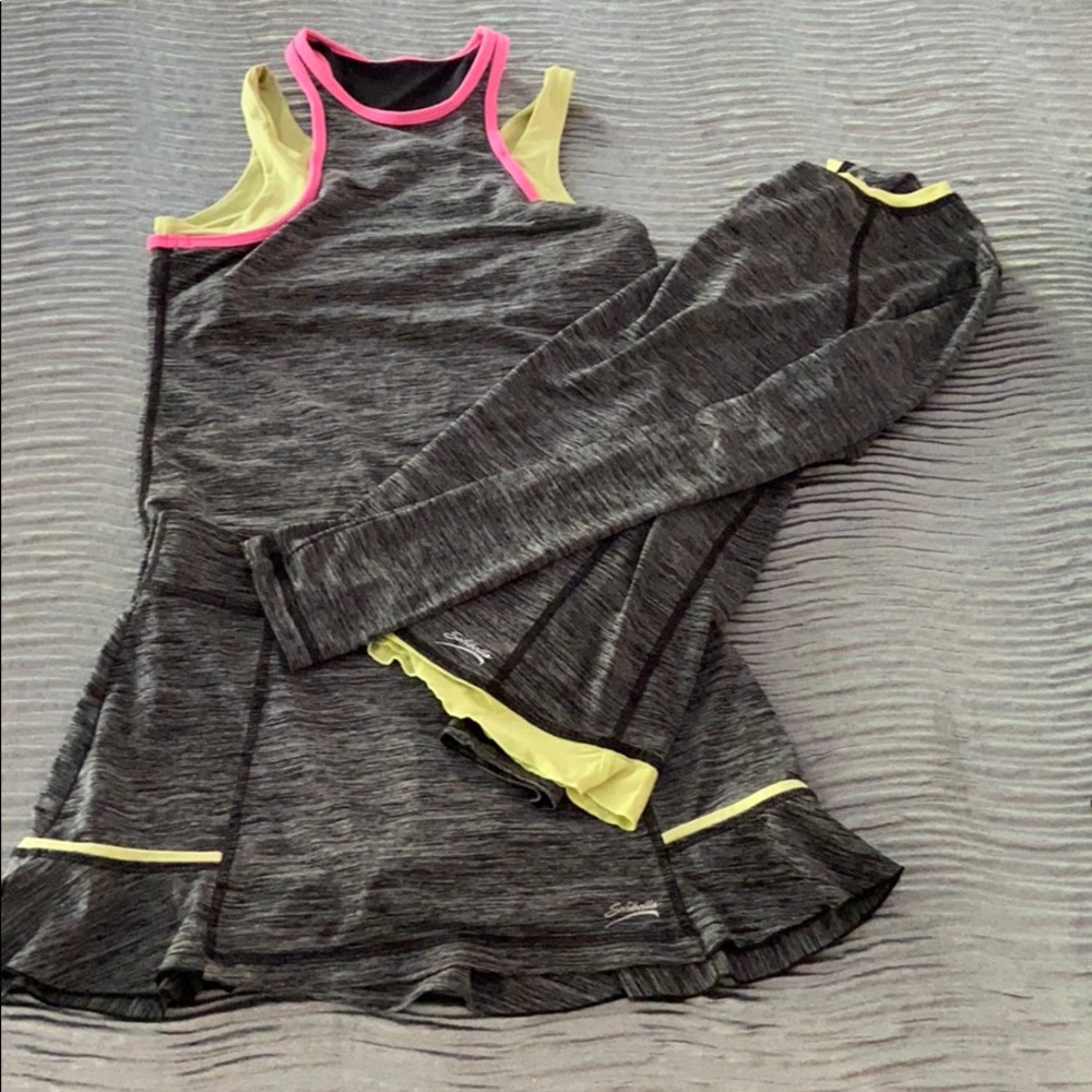 Women’s Athletic Tank Dress with Leggings - Gray with Pink & Yellow Accents